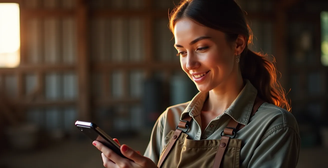 Portrait d'agricultrice analysant des graphiques de rendement sur écran dans un environnement de ferme