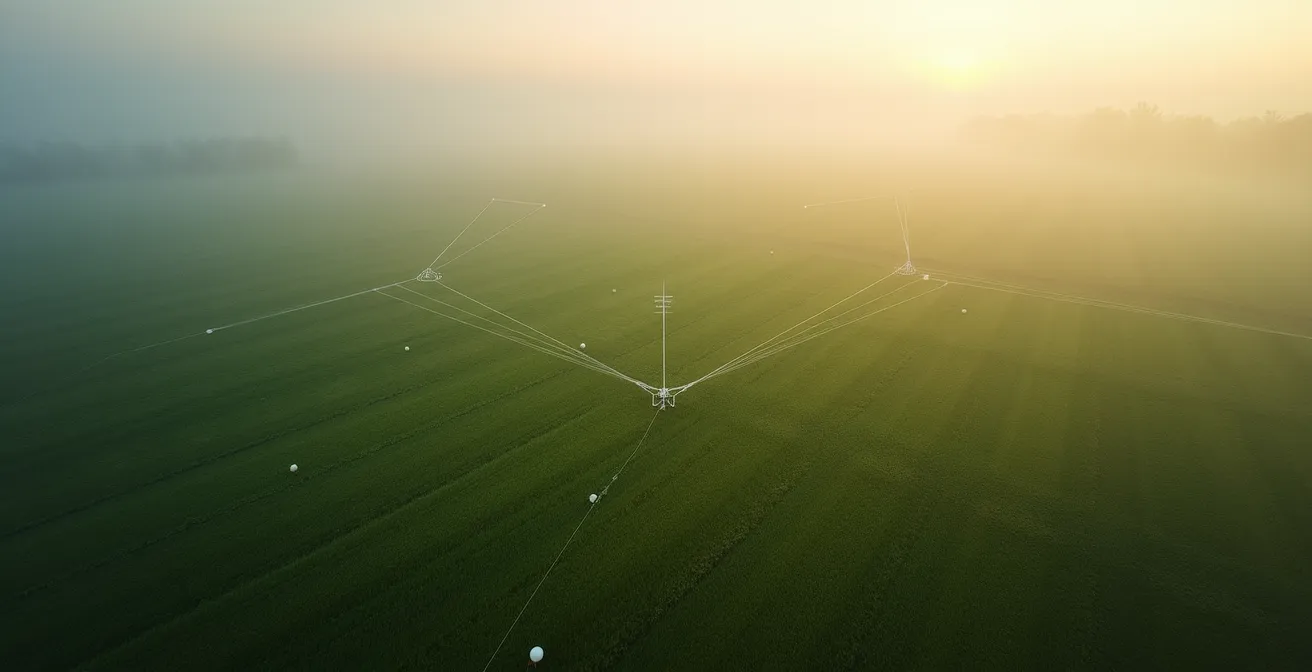 Vue aérienne de parcelles agricoles avec réseau de capteurs IoT interconnectés